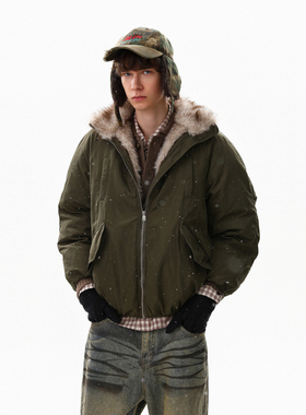 MRNEARLY美式立领毛领保暖工装派克服男冬季加厚潮牌高街棉服外套