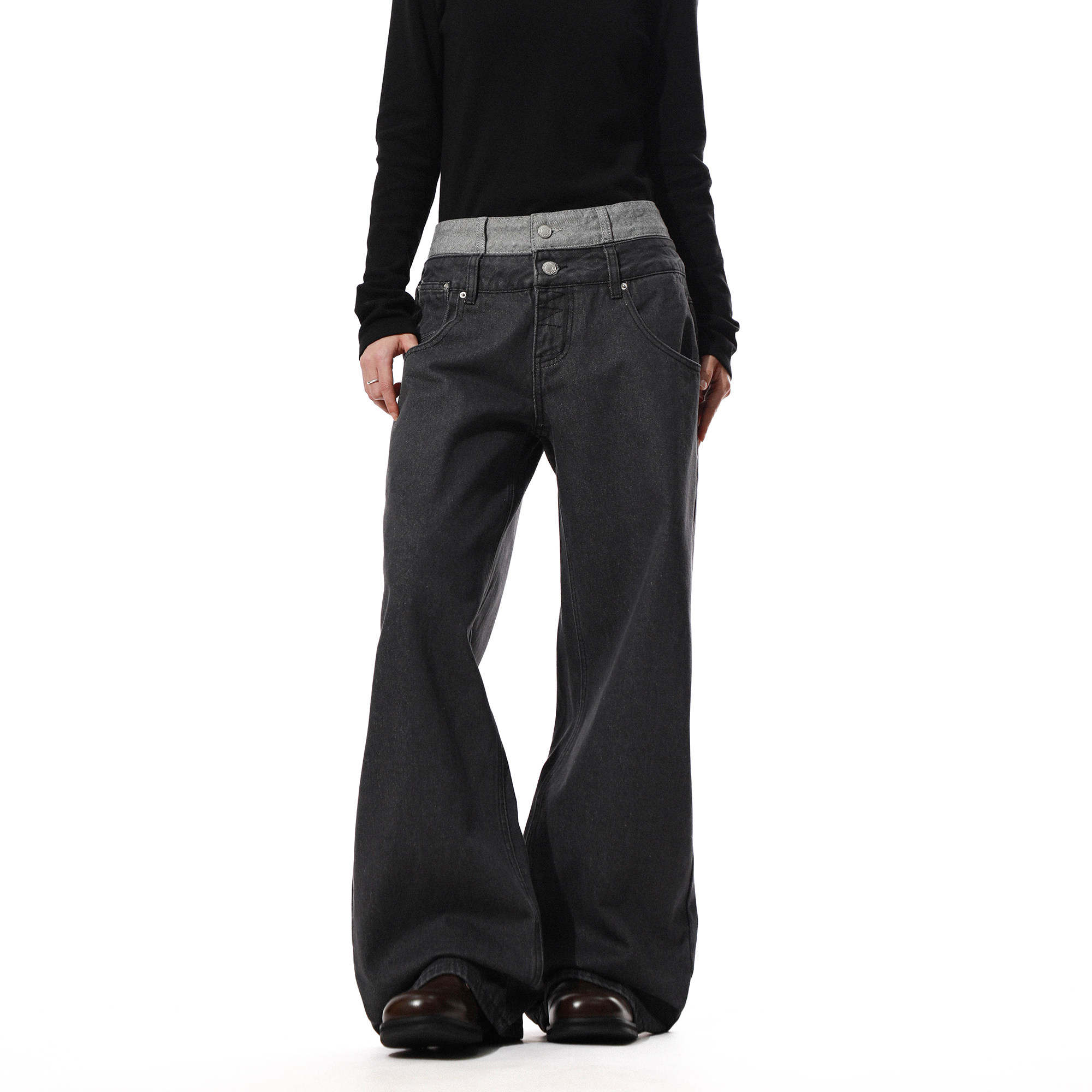 美式复古拼接双腰头阔腿牛仔裤