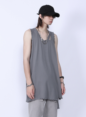 MRNEARLY 撕边刀割破洞高街层次叠穿无袖背心男纯色纯棉ins打底衫