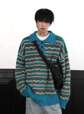 MRNEARLY美式复古Polo领彩色条纹毛衣男宽松休闲慵懒风撞色针织衫