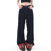 MRNEARLY美式 子 男宽松小众高街裤 复古格子拼接直筒裤 设计感牛仔裤