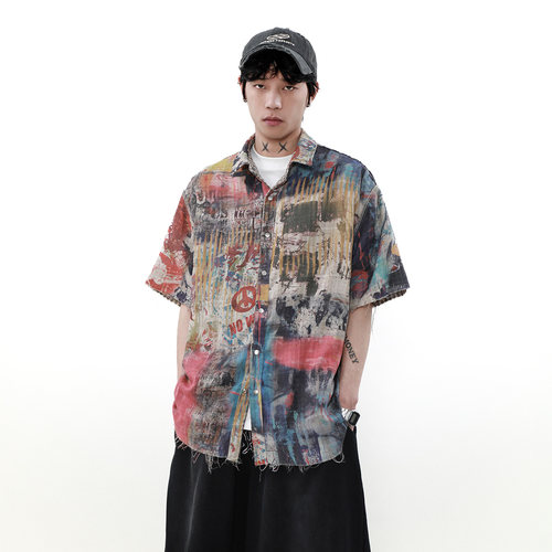 MRNEARLY美式复古格子短袖衬衫男