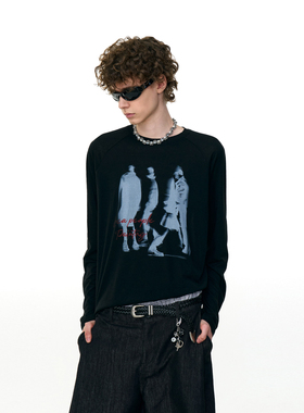 MRNEARLY 美式街头幻影印花插肩袖情侣长袖T恤男秋季潮牌宽松上衣