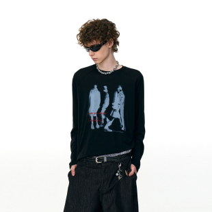 MRNEARLY 美式街头幻影印花插肩袖情侣长袖T恤男秋季潮牌宽松上衣