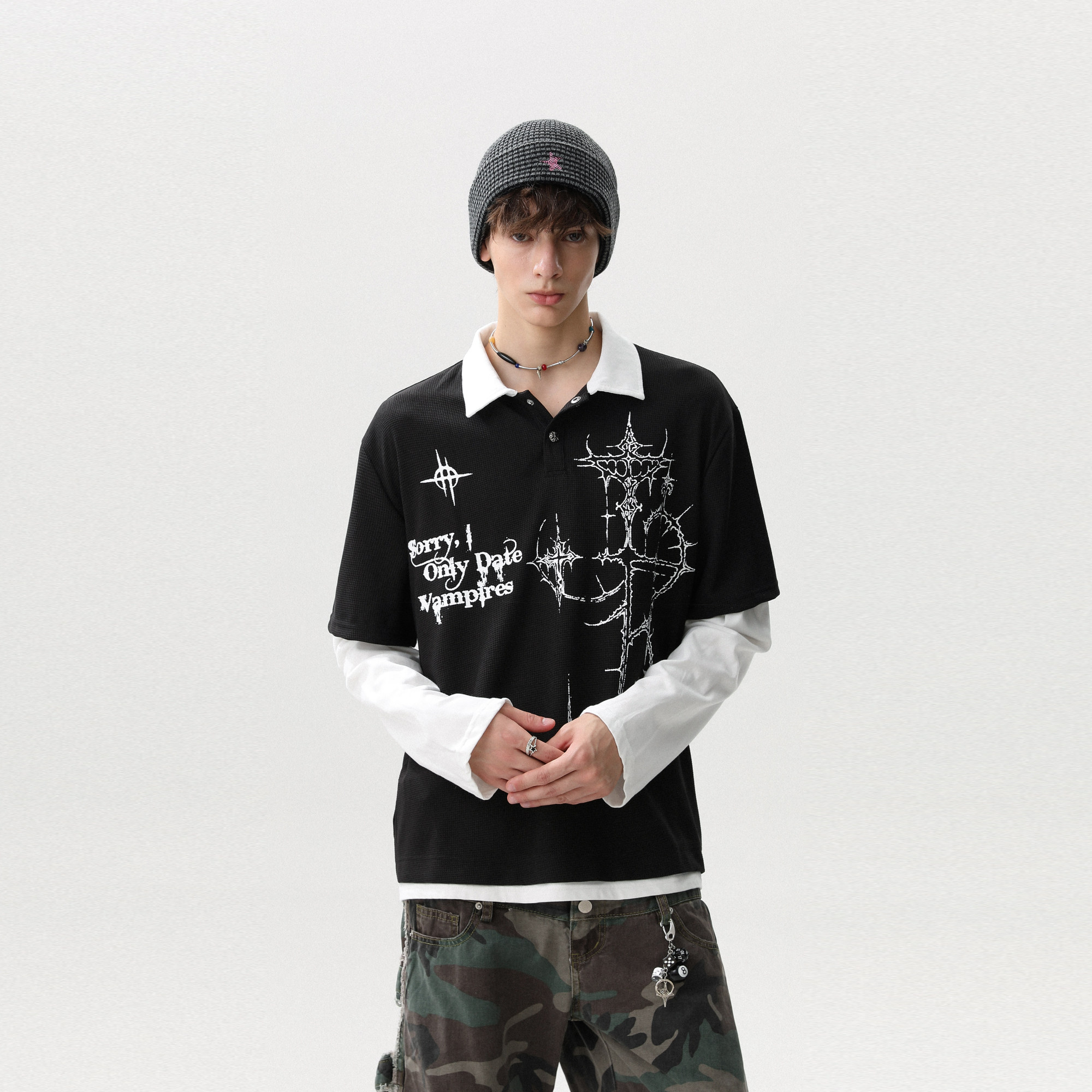 华夫格哥特风印花POLO衫秋季长袖