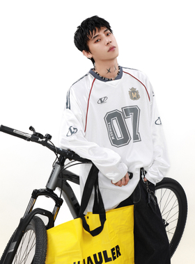 MRNEARLY 美式复古运动透气v领球衣长袖T恤男宽松vintage情侣上衣