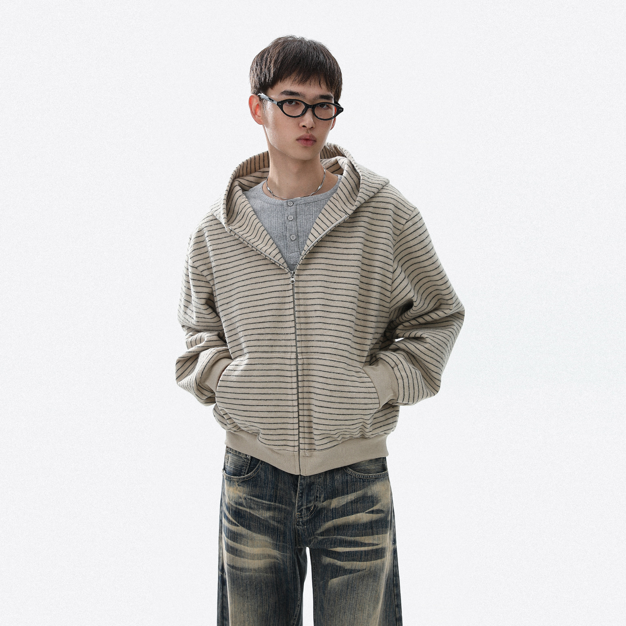 美式复古条纹撞色连帽卫衣