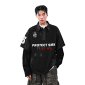 男长袖 MRNEARLY美式 复古运动球衣设计感擦脏拼接假两件翻领POLO衫