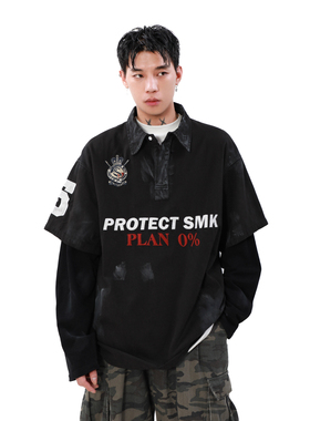 MRNEARLY美式复古运动球衣设计感擦脏拼接假两件翻领POLO衫男长袖