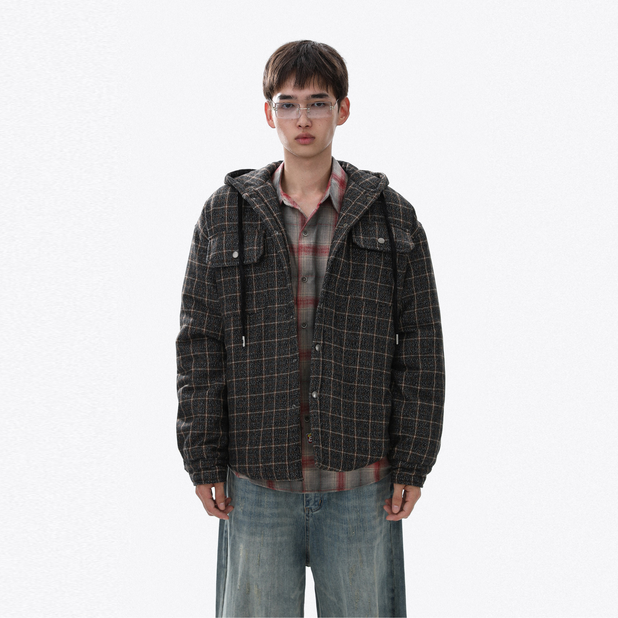 美式复古格子连帽棉衣