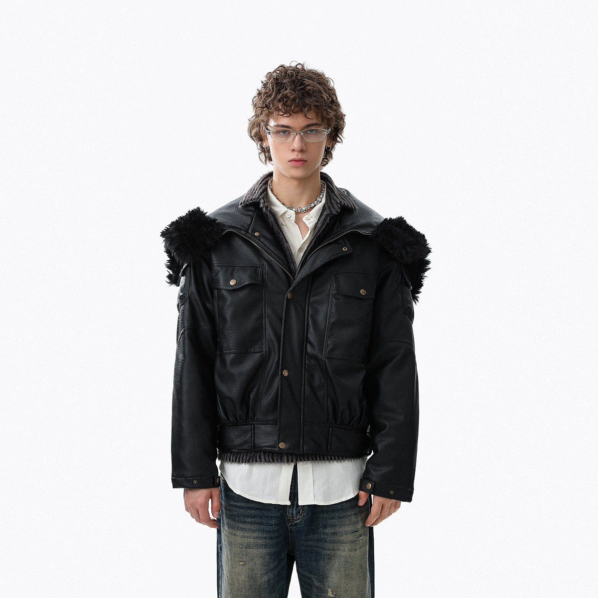 美式机车大毛领连帽PU皮棉衣