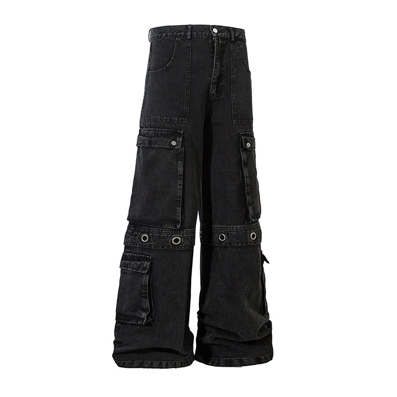 thumbnail for MRNEARLY American Vintage High Street Multi-Pocket Straight Jeans Men's Design Loose Wide Leg Cargo Pants