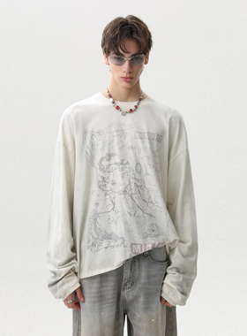 MRNEARLY 美式复古脏染纯棉秋季长袖T恤男女潮牌宽松高街痞帅上衣