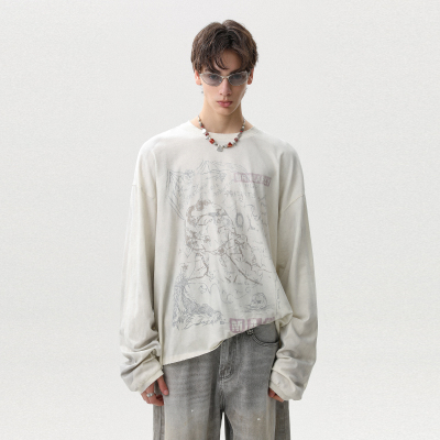 美式复古脏染纯棉秋季长袖T恤男