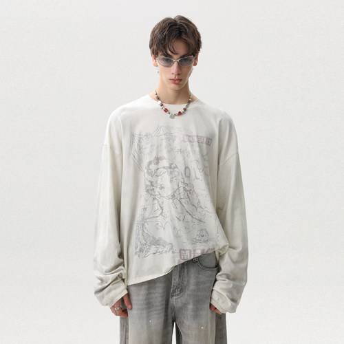 美式复古脏染纯棉秋季长袖T恤男