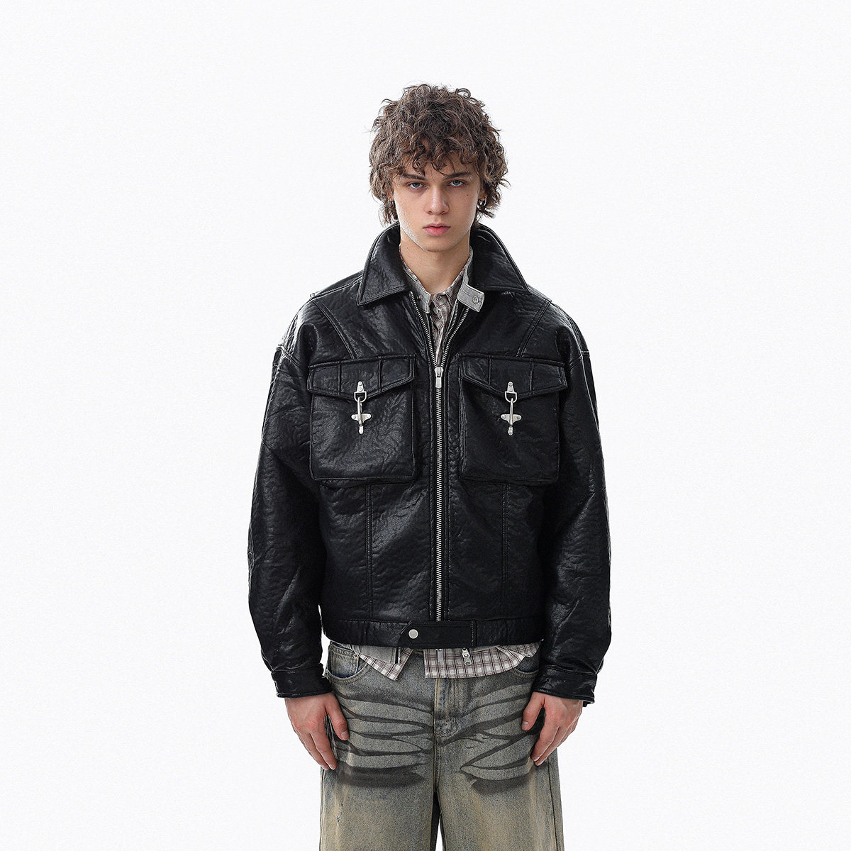 美式复古设计感机车风翻领皮衣