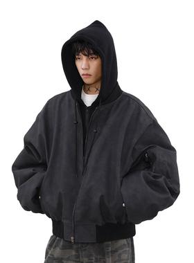 MRNEARLY美式复古假两件飞行员夹克潮牌宽松短款连帽外套男春秋款