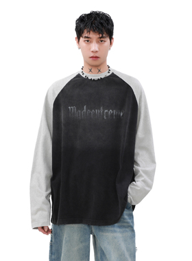 MRNEARLY 美式复古拼色拼接做旧水洗插肩袖长袖T恤男潮牌秋季上衣