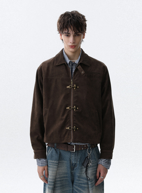 MRNEARLY美式棕色复古麂皮绒翻领夹克男秋季飞行扣哈灵顿短款外套