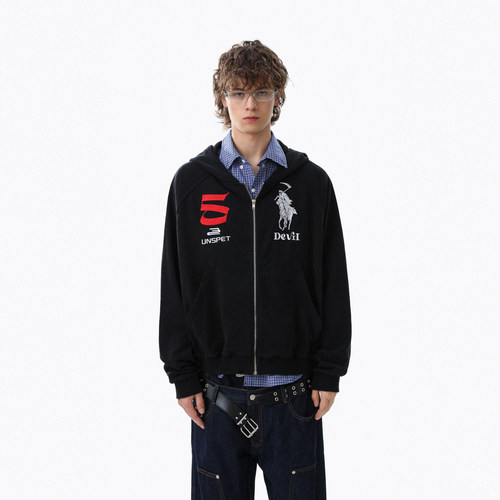 美式复古刺绣图案连帽卫衣外套男