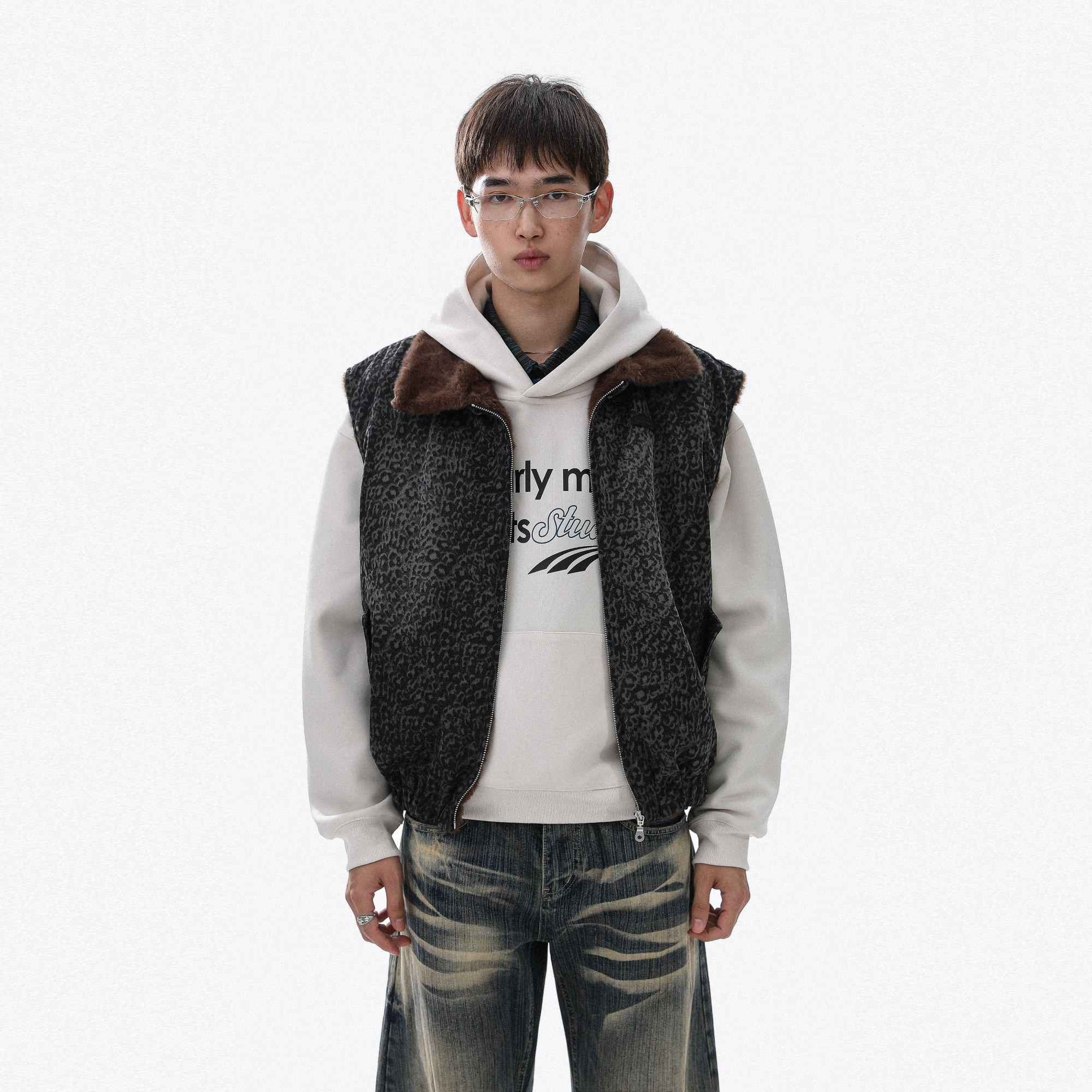 美式复古毛领豹纹马甲