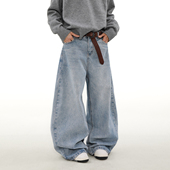 男宽松阔腿痞帅拖地裤 MRNEARLY美式 复古水洗做旧简约直筒牛仔裤 子