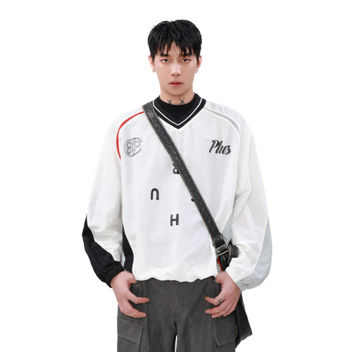 美式复古运动撞色套头V领卫衣男