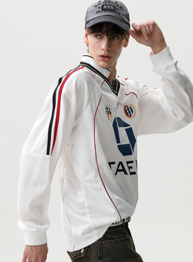 MRNEARLY美式复古撞色球衣运动长袖T恤男秋季POLO翻领V领酷飒上衣