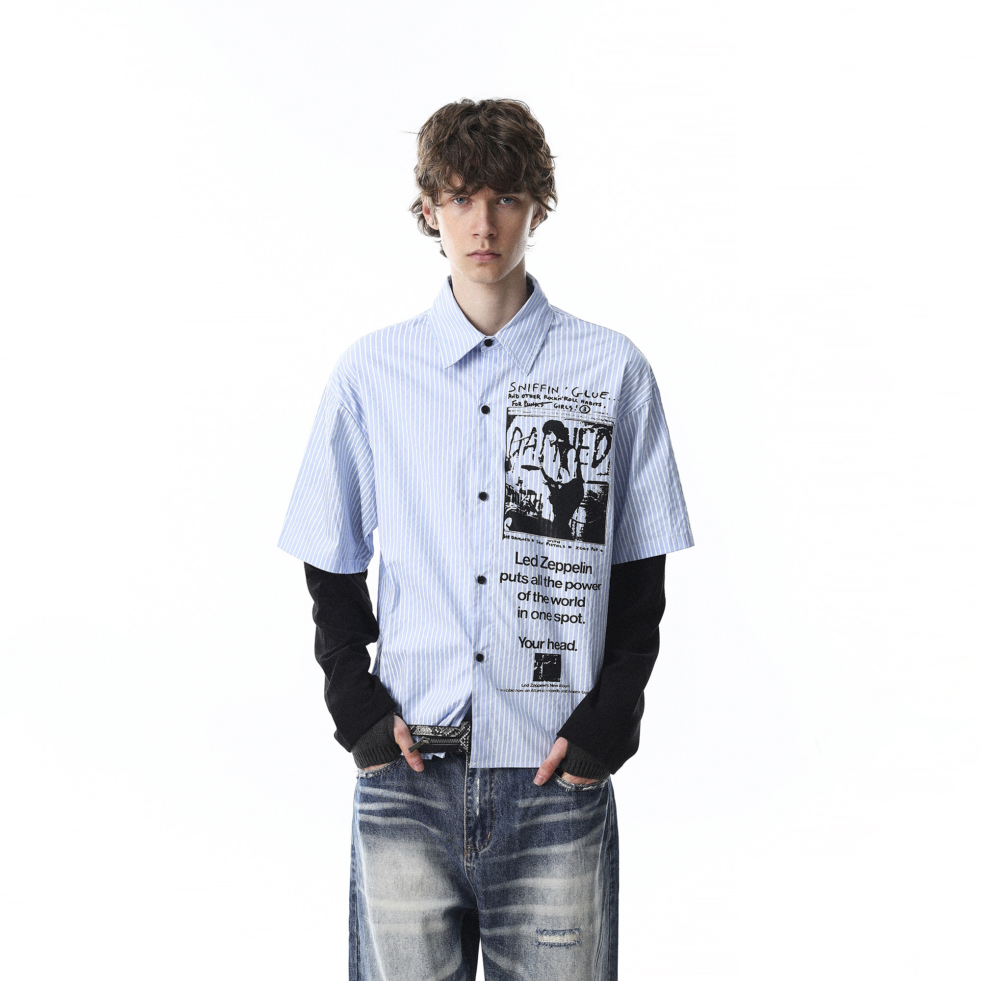 MRNEARLY美式复古印花假两件条纹长袖衬衫男宽松翻领设计感上衣,男装,衬衫,淘宝优惠券,粉丝福利购,淘宝优惠卷