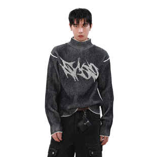 MRNEARLY美式街头高领小众双面穿毛衣男秋冬情侣设计感立领针织衫