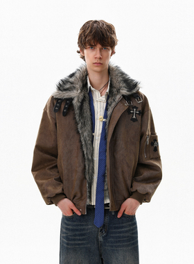 MRNEARLY美式冬季加厚立领卡扣毛领棉衣男小众潮牌飞行员夹克外套