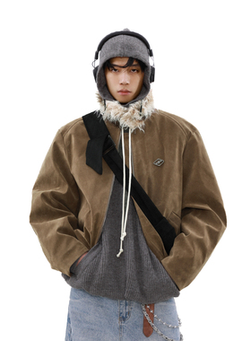 MRNEARLY美式cleanfit可拆卸毛领夹克棉服男冬季麂皮绒短款厚外套