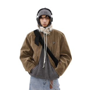 MRNEARLY美式cleanfit可拆卸毛领夹克棉服男冬季麂皮绒短款厚外套