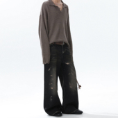 MRNEARLY美式 子潮 宽松百搭阔腿裤 水洗做旧泼墨设计感牛仔裤 男秋季