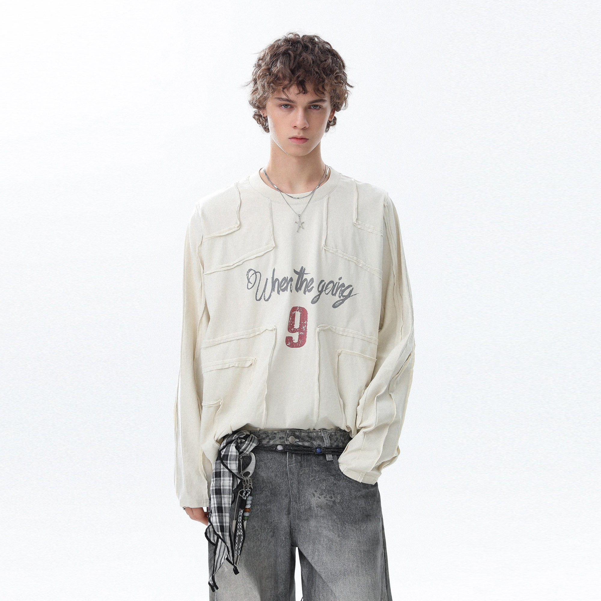 美式复古解构数字印花长袖T恤