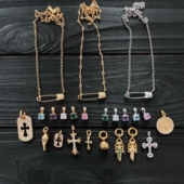 花魁silver 925纯银电镀22k金别针babyfat十字架方糖吊坠套链叠戴