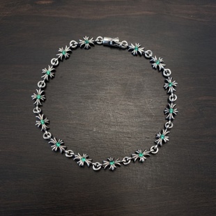 花魁silver 925纯银做旧Tiny E细十字花镶嵌绿钻十字架手链女情侣