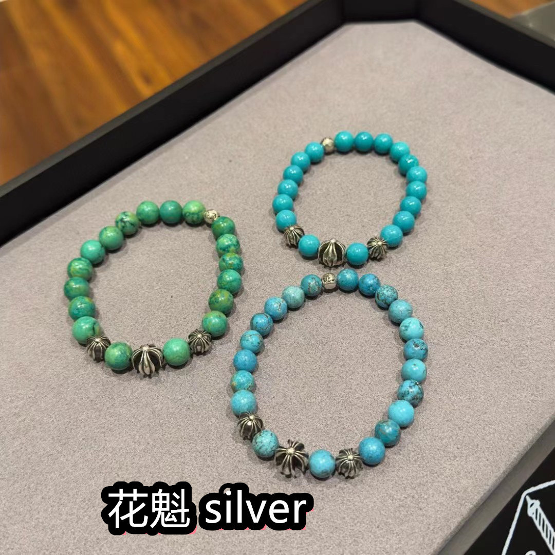 花魁silver925纯银真天然绿松石铁线蓝8mm十字四银珠手串潮流手环