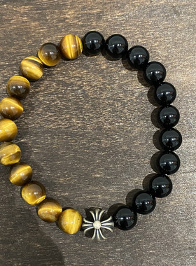 虎眼石黑曜石单银珠十字架手串