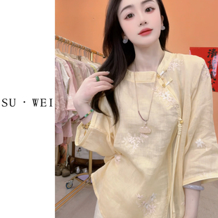 苏维原创新中式夏季苎麻刺绣宽松五分袖圆领百搭衬衫20539