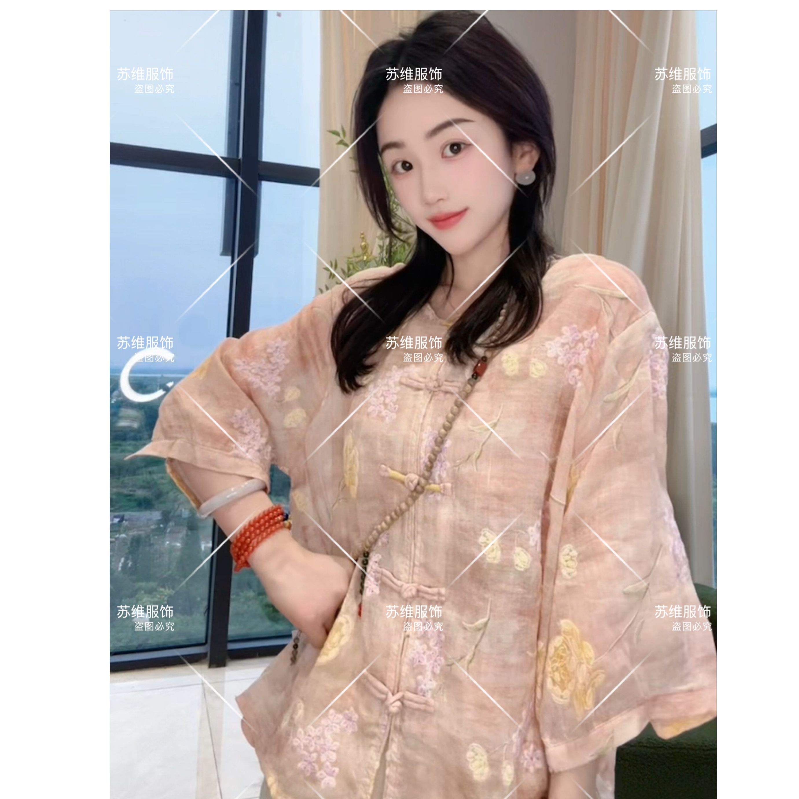 8063新中式苎麻国风夏季女装提花刺绣上衣