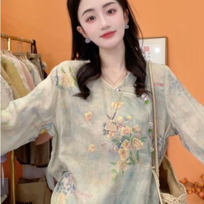 26年新款新中式苎麻刺绣夏季宽松圆领衬衫国风百搭上衣7011