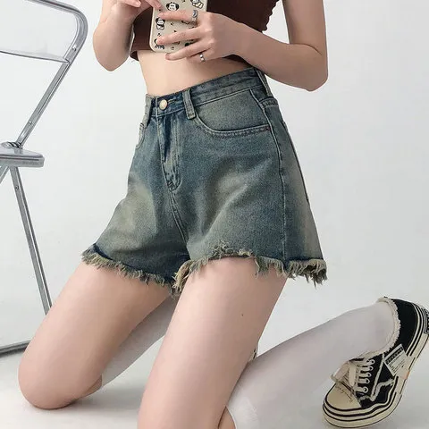 辣妹女短裤复古阔腿美式牛仔短裤ins高腰夏季毛边流苏设计热裤a字
