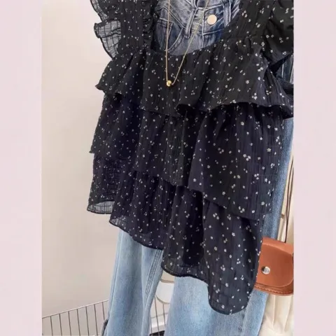 衬衣小飞袖女上衣方领娃娃衫短款黑色夏季无袖碎花法式设计感衬衫