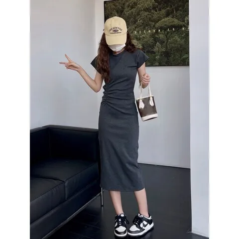 修身百搭包臀裙风灰色女连衣裙小个子收腰慵懒风长裙辣妹内搭夏季