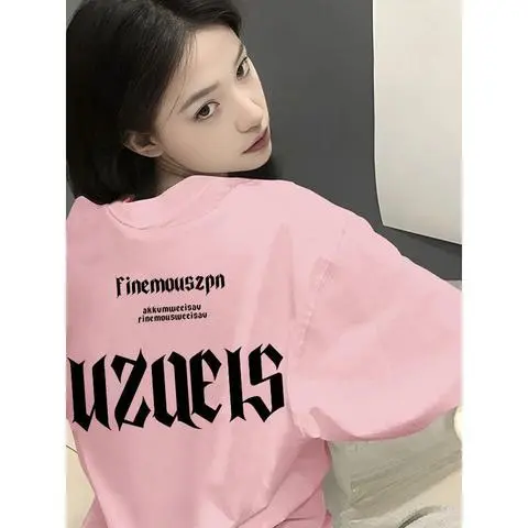 2025上衣爆款设计感小众T恤圆领短袖小众over新款女棉size