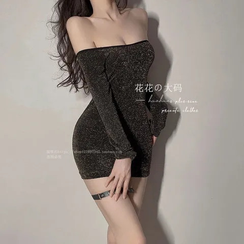 银包连衣裙紧身包臀露肩睡裙丝一字肩火辣亮制服闪光睡衣性感爱
