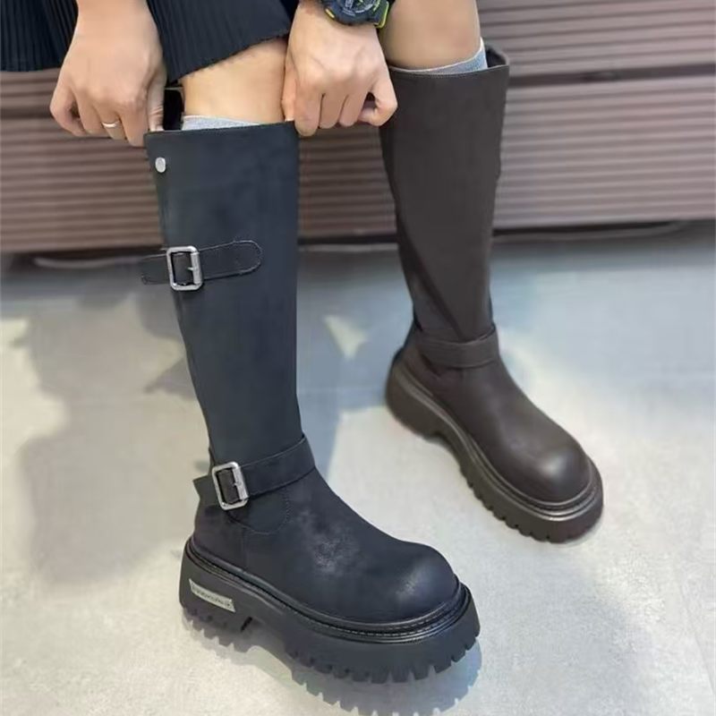 英伦风皮带扣机车靴女2025冬新款厚底保暖显瘦增高长靴百搭骑士靴,女鞋,马丁靴,淘宝优惠券,粉丝福利购,淘宝优惠卷