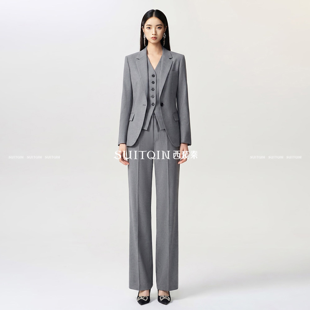 SUITQIN西装秦灰色西装马甲三件套女职场正装商务通勤职业套装秋