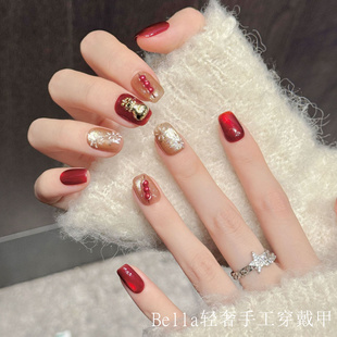 新款 手工亲子穿戴甲红金跳色招财猫糖葫芦成人儿童新年氛围感美甲
